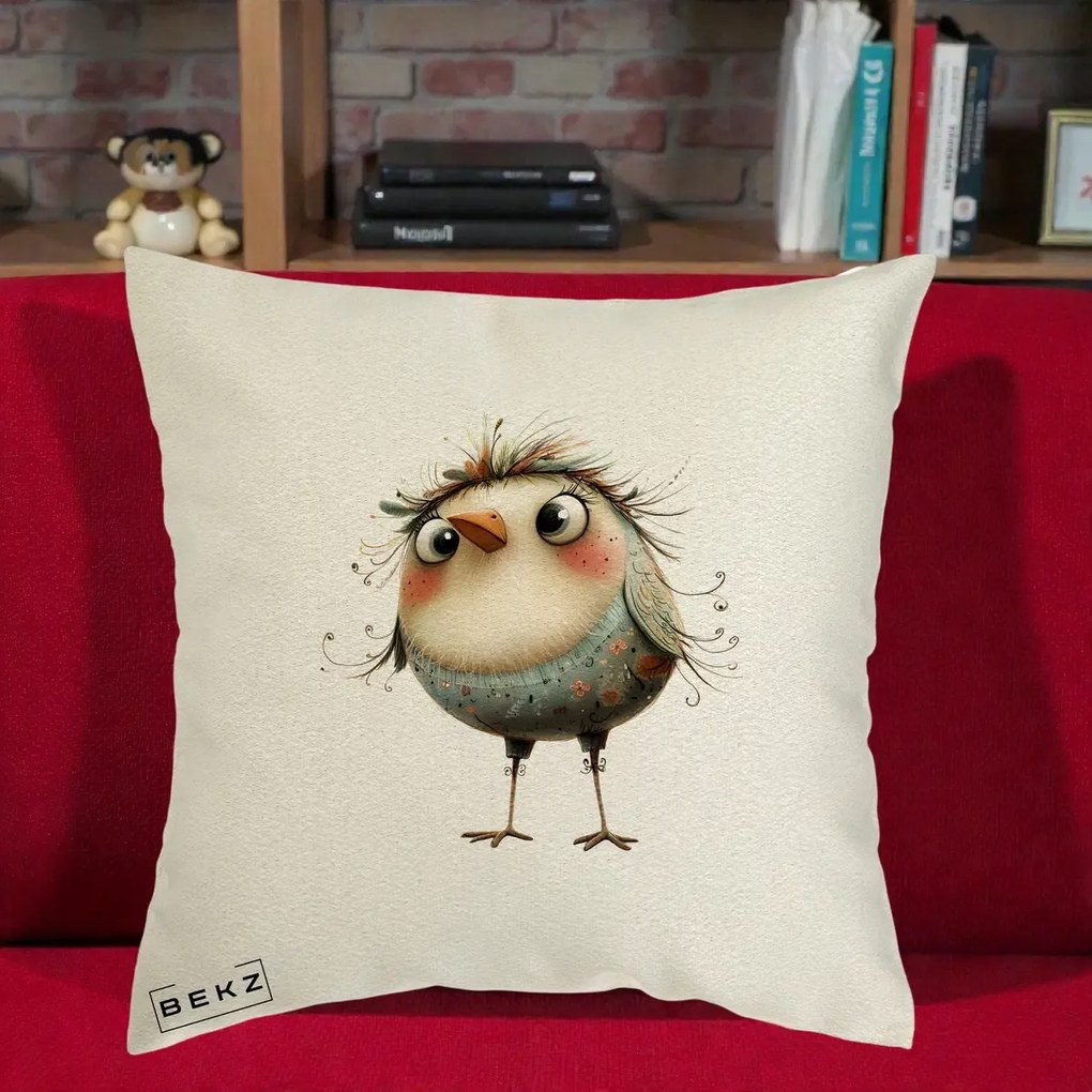 Perna Decorativa Pasare cu Penaj Zbarlit si Gene, 40x40 cm, Ecru, Husa Detasabila, Perna Inclusa, BEKZ®