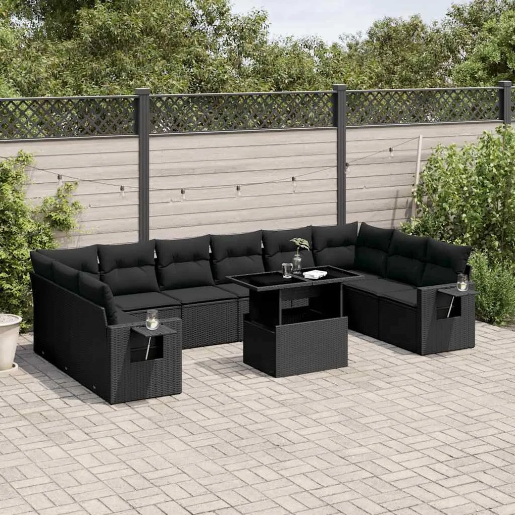 vidaXL Set canapele de grădină cu perne, 11 piese, negru, poliratan