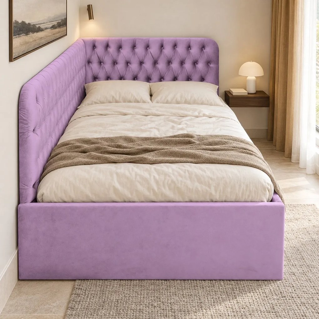 Pat tapițat pentru copii din catifea Elyra 140×200 cm, lila, colț stânga, cu ladă de depozitare