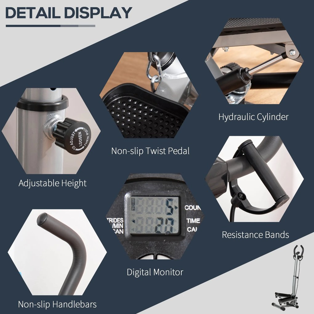 Stepper ghidon reglabil, cu 2 pistoane hidraulice,  Monitor LCD, manere moi 55x53x118-128cm, negru HOMCOM | Aosom Romania