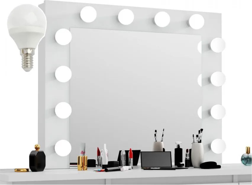 Masuta machiaj cu Oglinda LED si 7 Sertare pentru Cosmetice, Set Masa toaleta 120 cm, Alb, masuta cosmetica, vanity - SEA516