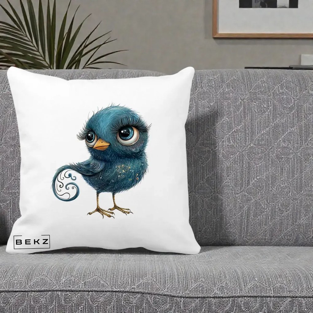 Perna Decorativa Pasare Teal cu Motive Aurii si Coada Spiralata, 40x40 cm, Alba Mata, Husa Detasabila, Perna Inclusa, BEKZ®
