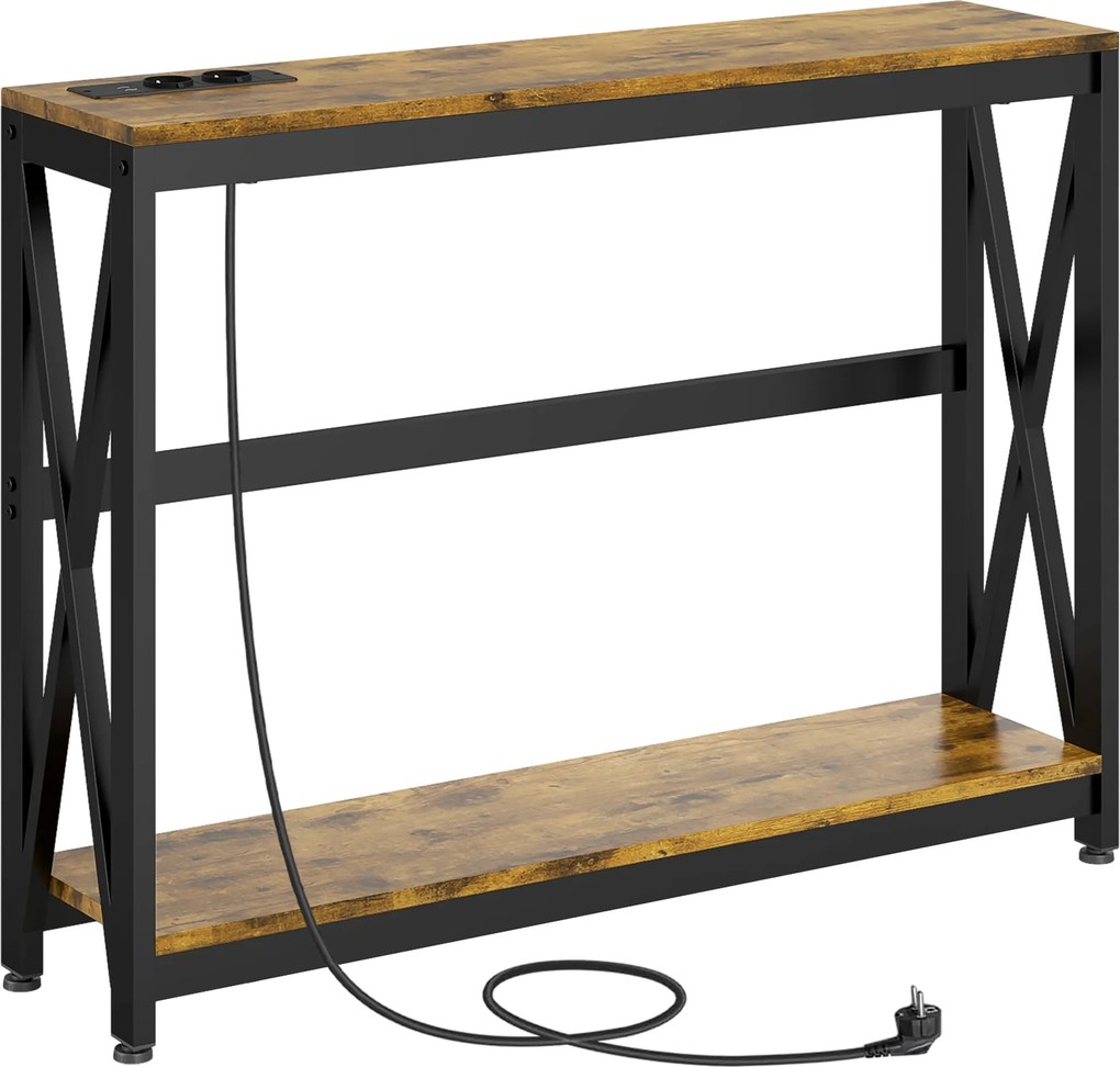 HOMCOM Masă Subțire de Consolă, Masă Industrială cu Două Nivele, Masă de Canapea Îngustă cu Cadru X din Oțel, 100x24x75 cm, Maro