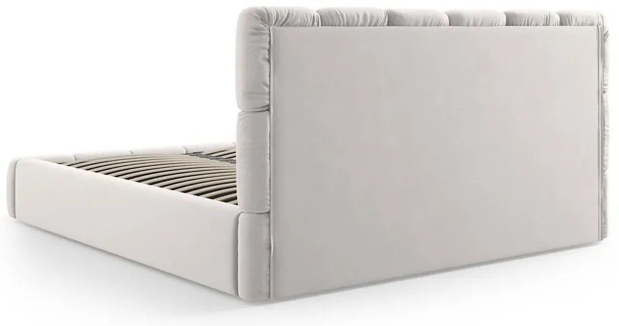 Pat matrimonial gri deschis tapițat din catifea cu spațiu de depozitare cu somieră 200x200 cm Bellis – Micadoni