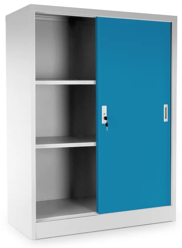 Dulap metalic universal mediu cu uși glisante 90 x 40 x 120 cm, încuietoare cilindrică, albastru - ral 5012