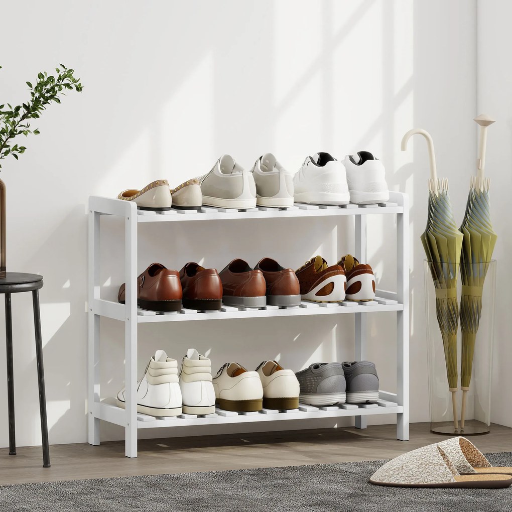 HOMCOM Etajeră pentru încălțăminte, suport pentru pantofi 3 niveluri, rafturi cu lamele, din lemn de pin, 70 x 26 x 57,5 cm, alb | Aosom Romania