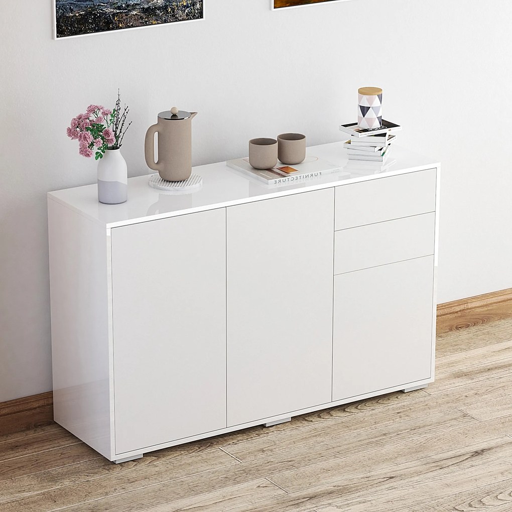 HOMCOM Mobilier Multiuz Alb, pentru Sufragerie Bucătărie Birou, 2 Sertare și 2 Uși, Deschidere Prin Apăsare, 117x36x74cm | Aosom Romania