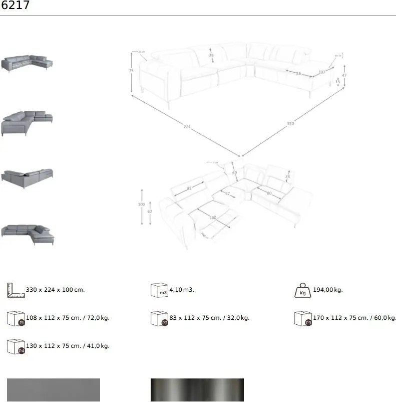 Coltar 5 locuri, Functia Relax, Sezlong Dreapta, Cowhide gri
