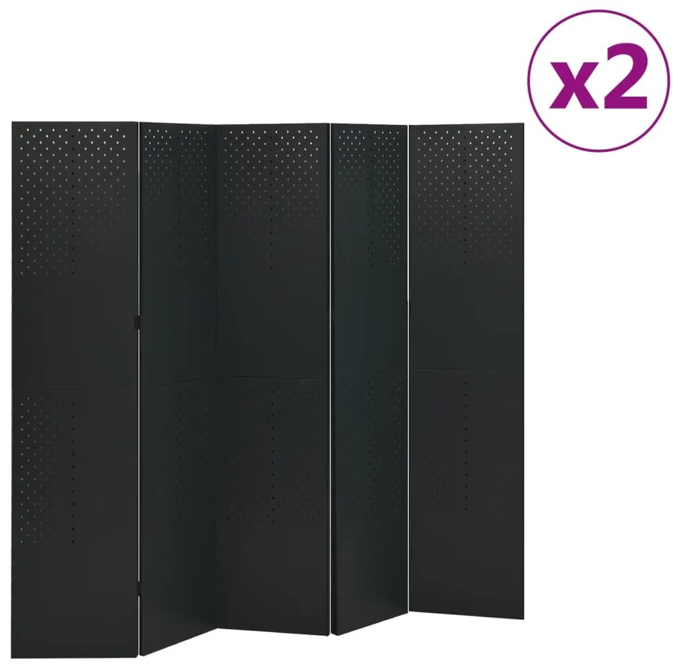 3095196 vidaXL Paravane de cameră cu 5 panouri,2 buc., negru, 200x180 cm, oțel