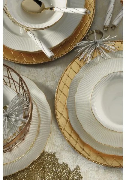 Set de masă 26 piese din porțelan alb cu accente aurii