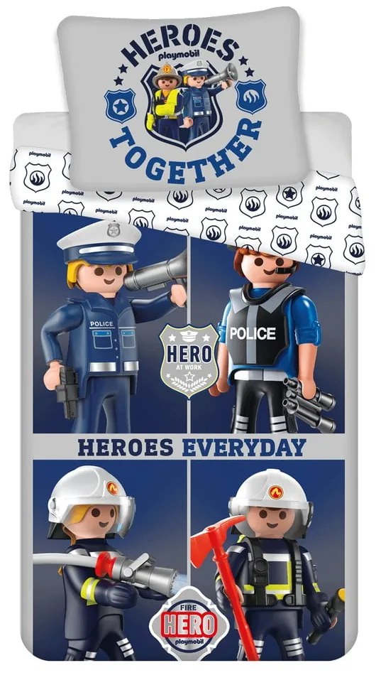 Lenjerie de pat pentru copii albastră-gri din bumbac pentru pat de o persoană 140x200 cm Playmobil – Jerry Fabrics