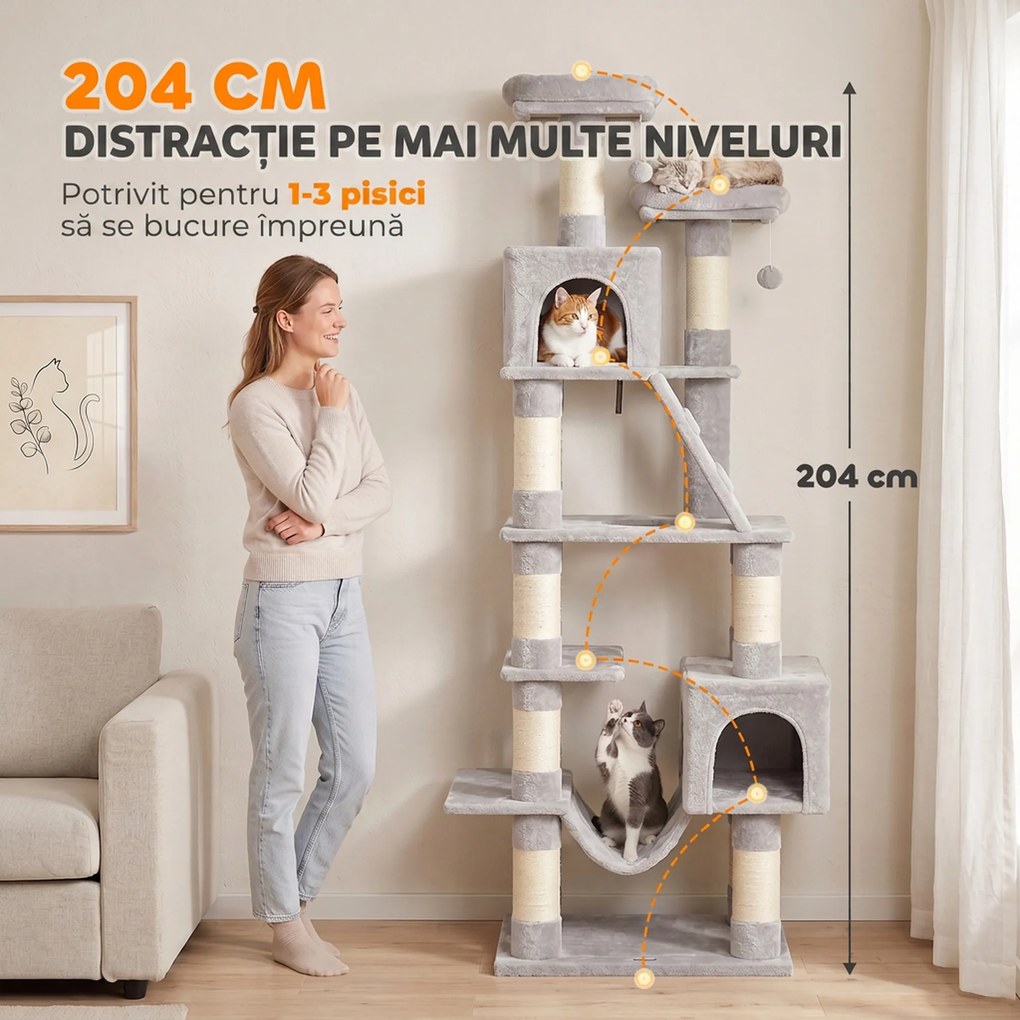 PawHut Ansamblu Joacă Pisici XXL Multinivel 204 cm cu Stâlpi Sisal, Culcușuri și Hamac, 60x48x204 cm, Gri Deschis | Aosom Romania