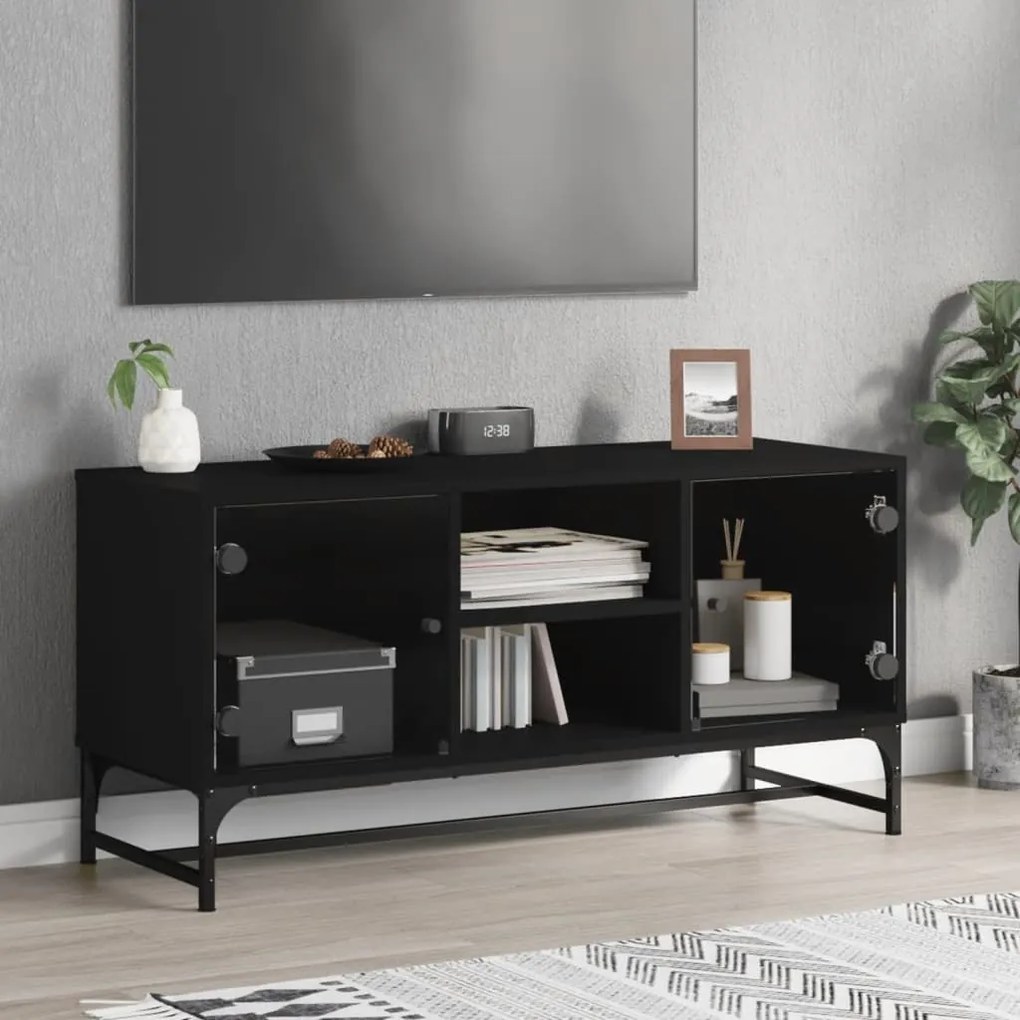 vidaXL Comodă TV cu uși din sticlă, negru, 102x37x50 cm