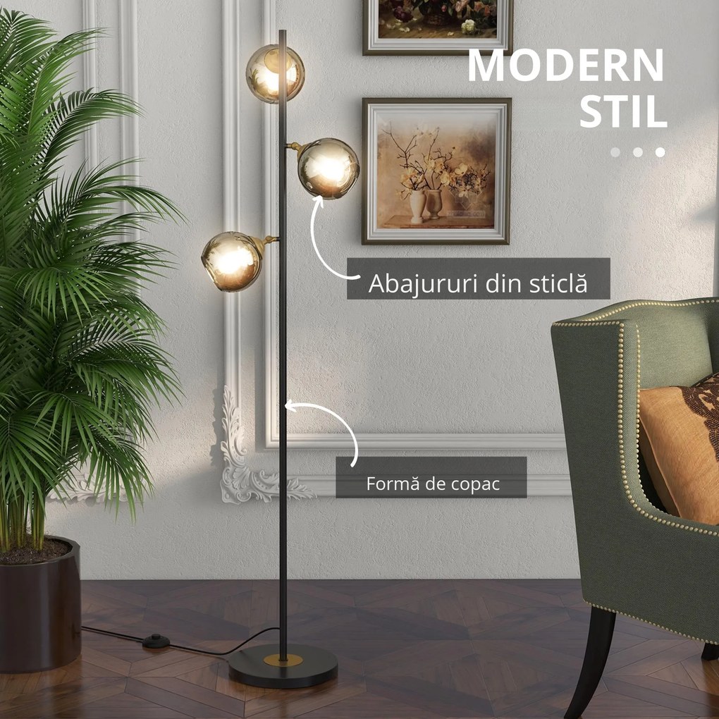 HOMCOM Lampă de Podea cu 3 Abajururi, Lampă pentru Camera de Zi cu Abajur Glob din Sticlă(Becul nu este inclus), Φ36x162 cm, Gri | Aosom Romania