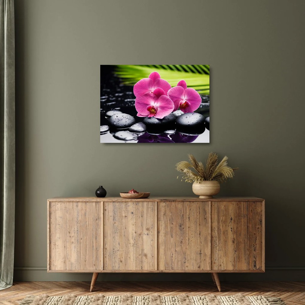 Tablou pe sticlă - Orhidee roz cu frunze de palmier (70x50 cm)
