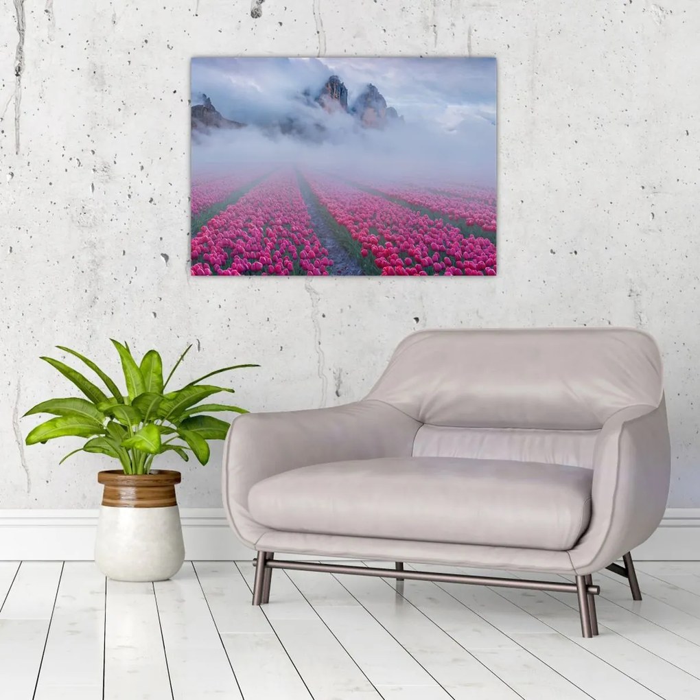 Tablou pe sticlă - Peisaj cu câmpuri de lalele (70x50 cm)