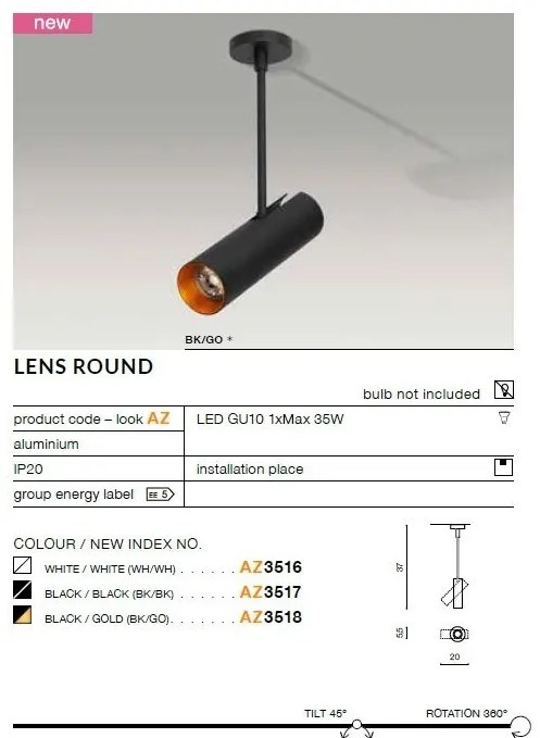 Spot directionabil cu brat, aplicat de tavan/plafon LENS ROUND negru/auriu