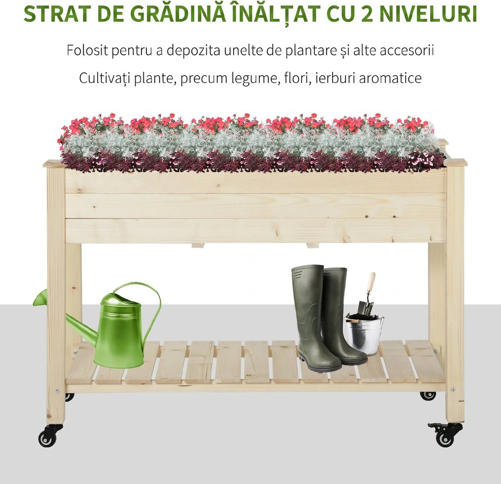 Outsunny Pat Grădină Legume Înălțat Lemn cu Roți, Jardiniera Înălțată cu Raft Inferior, 118x55x83cm, Natural | Aosom Romania