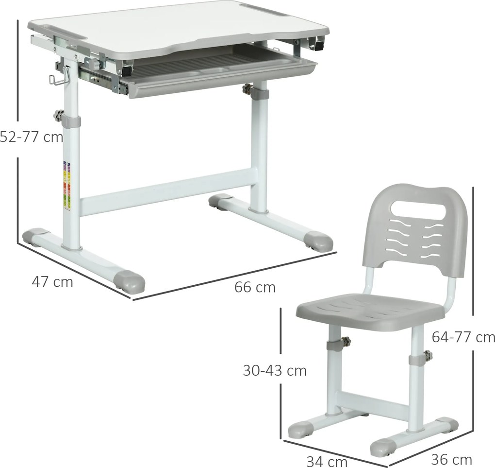HOMCOM Set Masă și Scaun pentru Copii 6-12 ani, Reglabil pe Înălțime, cu Blat Înclinabil la 45°, 66x47x52-77 cm, Gri | Aosom Romania
