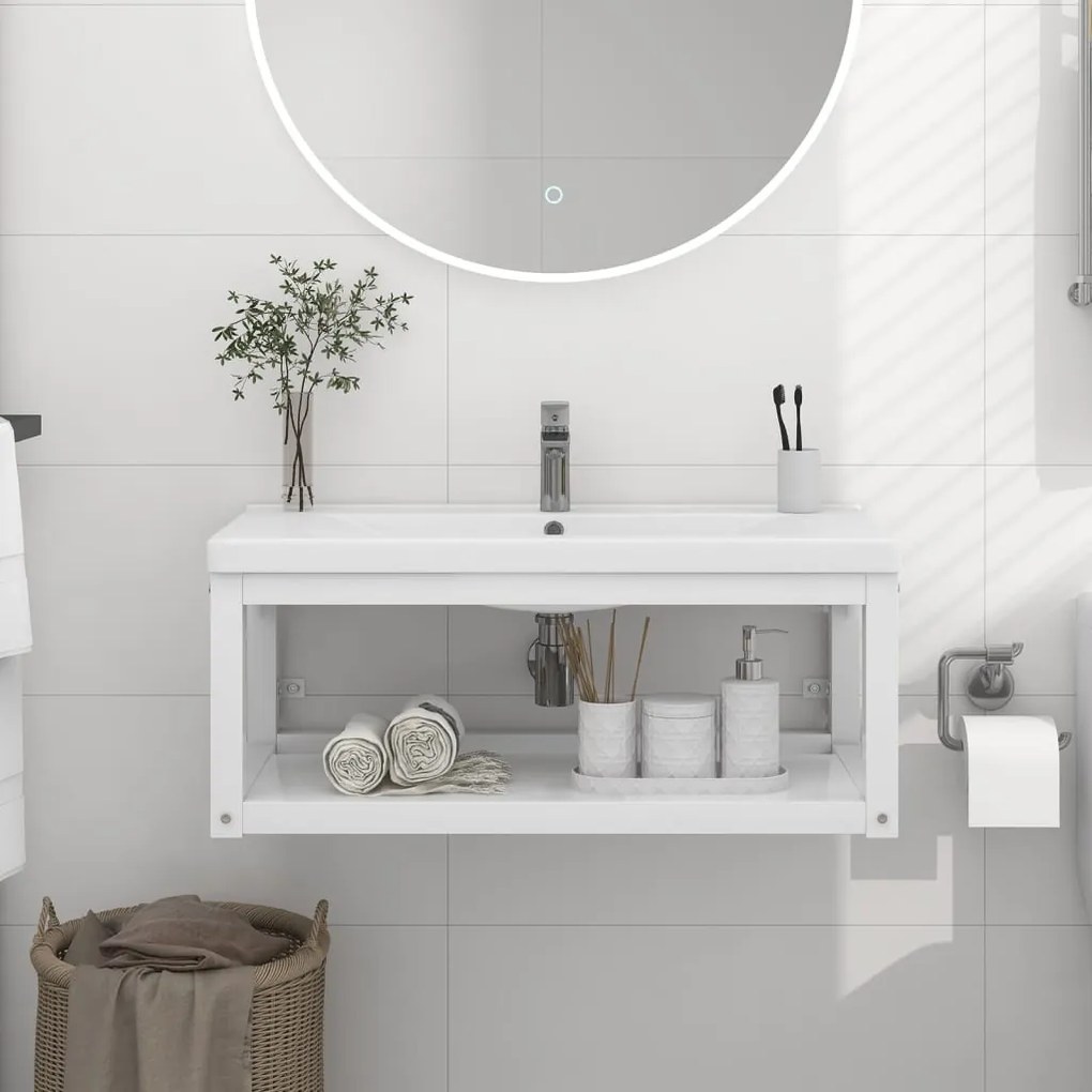 338492 vidaXL Cadru chiuvetă de baie pentru perete, alb, 79x38x31 cm, fier