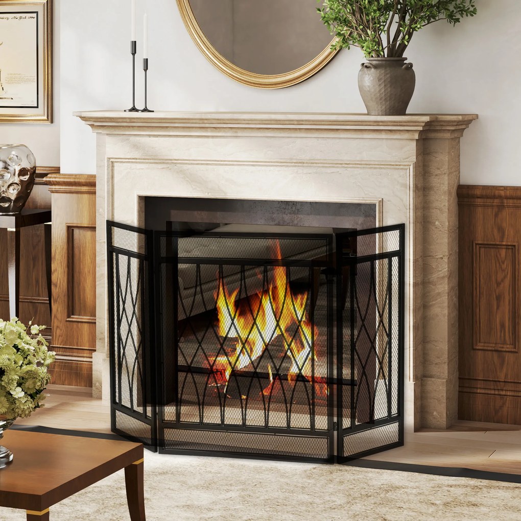 HOMCOM Grilă de protecție pentru șemineu - Paravan larg pentru șemineu sau sobă - Protecție contra scânteilor - barieră de siguranță - 3 panouri pliabile - metal negru | Aosom Romania