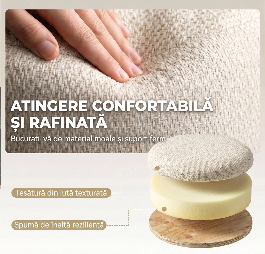 HOMCOM Taburet Rotund cu Spațiu de Depozitare, Capac, 19 L, Material Textil cu Aspect de Iută, 38,5x38,5x33,5 cm, Bej | Aosom Romania