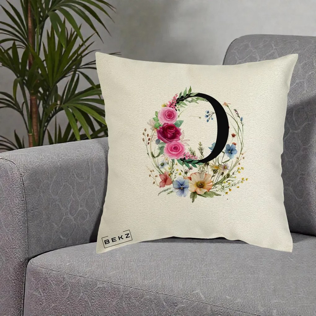 Cadou Personalizat - Perna Personalizata Monogram Litera O cu Flori Acuarela, 40x40 cm, Ecru, Husa Detasabila, Perna Inclusa, BEKZ®