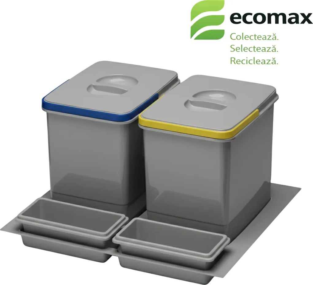 Cos gunoi incorporabil in sertar, Ecomax Praktico Antracit 600, colectare selectiva, 2 x 15 l Plastic, 600 mm, L:510 mm; A:475 mm; H:300 mm,