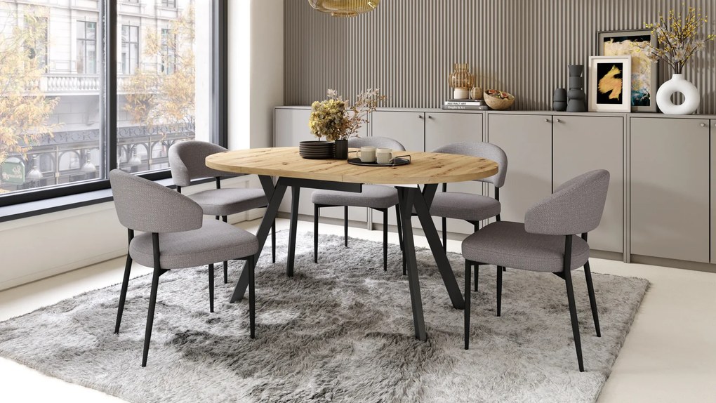 Mazzoni ALMO Stejar Artisan/picioare negre - MASĂ ROTUNDĂ EXTENSIBILĂ CU PICIOARE ÎN FORMĂ DE Y STIL LOFT PENTRU SALON/SUFRAGERIE