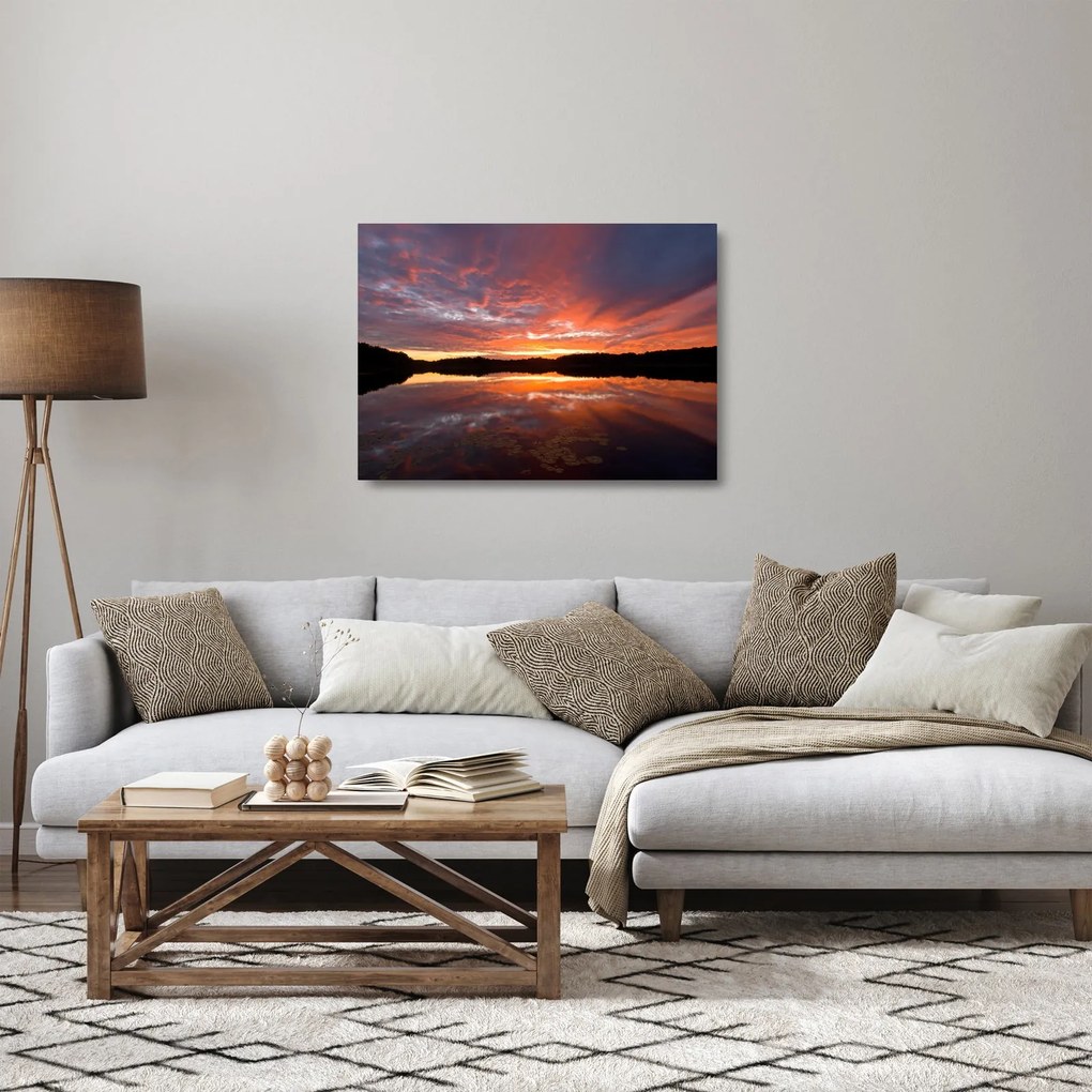 Tablou pe sticlă - Apus de soare peste lac (70x50 cm)