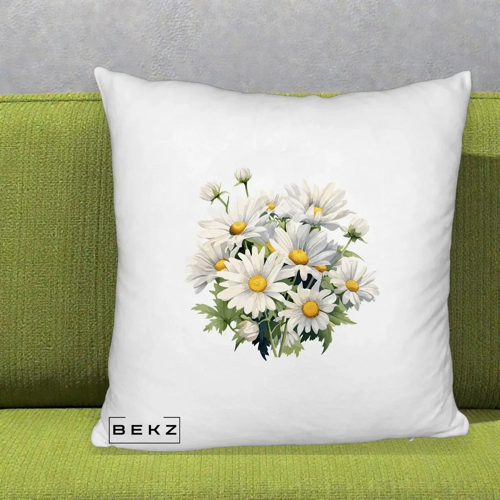 Perna Decorativa Buchet Margarete Albe Acuarela, 40x40 cm, Alb Pufos, Husa Detasabila, Perna Inclusa, BEKZ®
