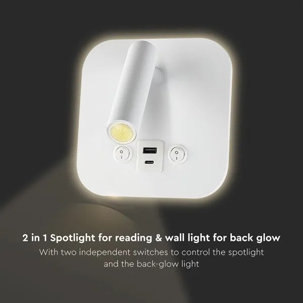 Aplică LED de perete cu port USB, 8W, 230V, 3000K, alb