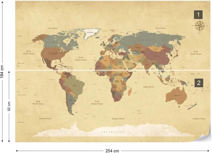 GLIX Fototapet - Sepia World Map Vliesová tapeta  - 254x184 cm