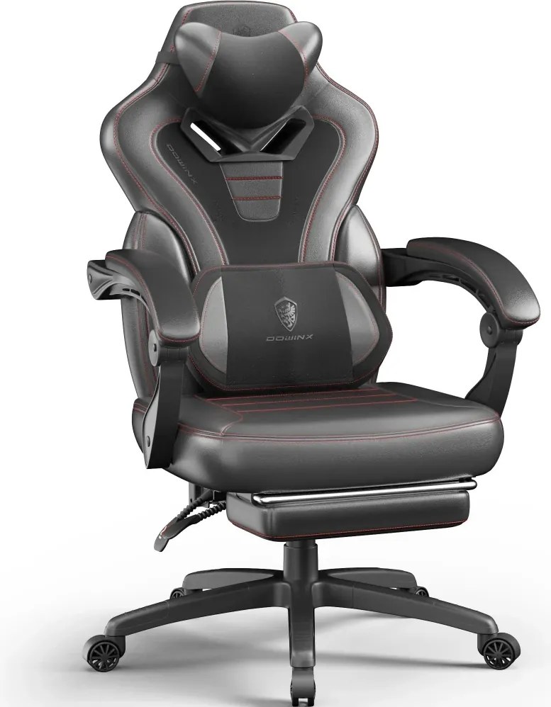 RESIGILAT- DOWINX Scaun gaming, ergonomic, suport lombar cu masaj, Șezut cu Arcuri Metalice și Spumă, Spătar înalt, rabatabil 90°-145°, Buzunar depozitare, Suport picioare, rezistent 150 kg, material PU respirabil, Negru/Gri