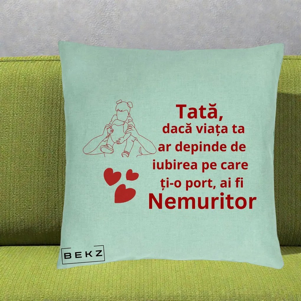 Cadou pentru Tata - Perna Personalizata Tata Nemuritor Mesaj Rosu, 40x40 cm, Verde Menta, Husa Detasabila, Perna Inclusa, BEKZ®
