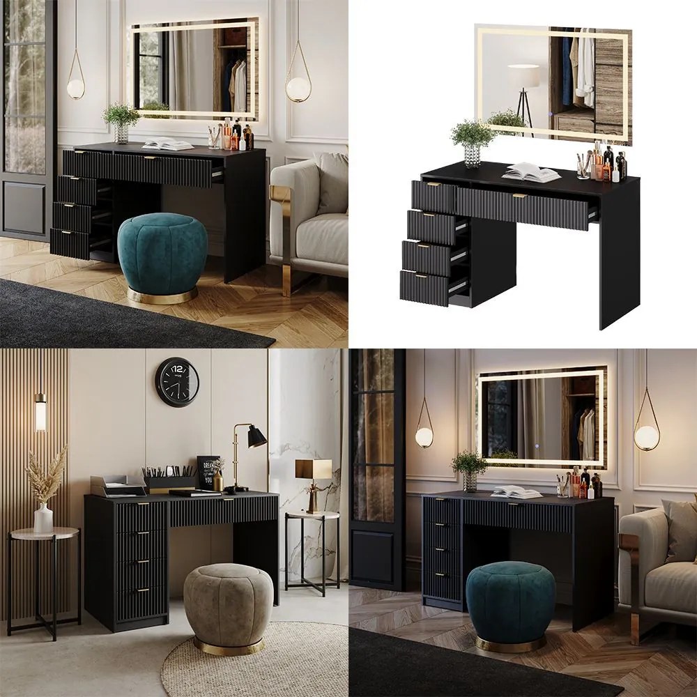 Masuta machiaj cu Oglinda LED si 5 Sertare pentru Cosmetice, Set Masa toaleta 120 cm, Negru, masuta cosmetica, vanity - SEN250