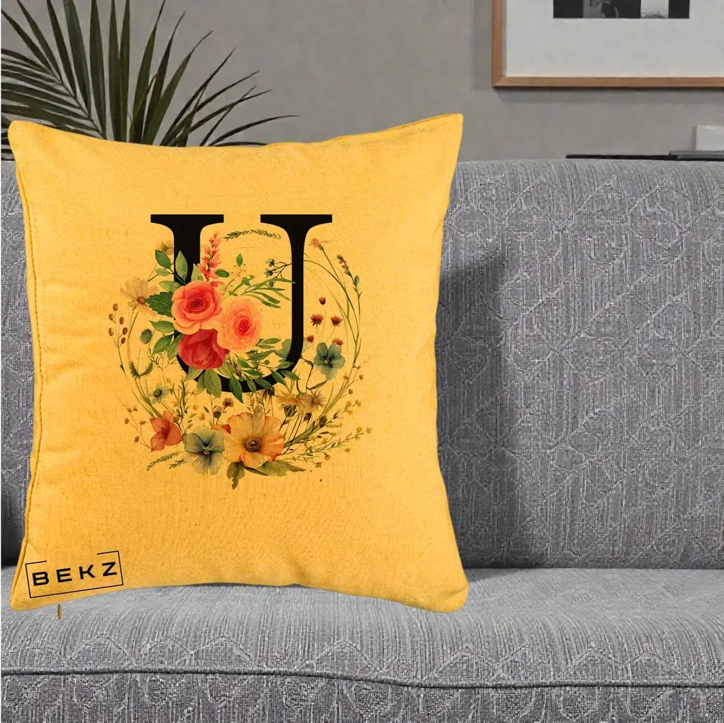 Cadou Personalizat - Perna Personalizata Monogram Litera U cu Flori Acuarela, 40x40 cm, Galben, Husa Detasabila, Perna Inclusa, BEKZ®