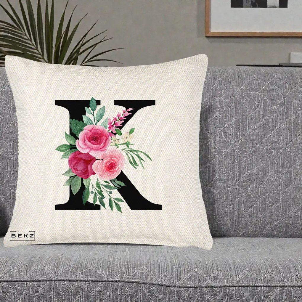 Cadou Personalizat - Perna Personalizata Monograma Florala Litera K, 40x40 cm, Crem Reliefat, Husa Detasabila, Perna Inclusa, BEKZ®