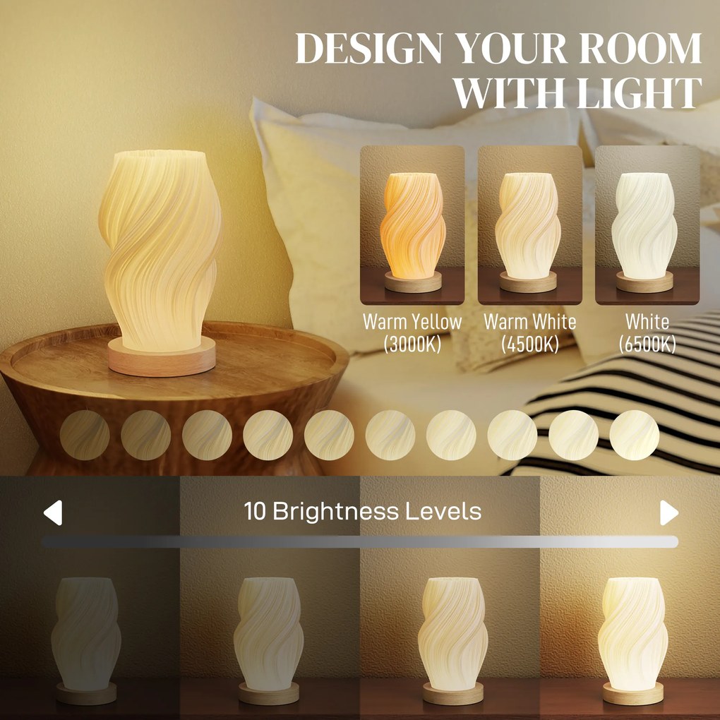 HOMCOM Lampă de Masă cu 3 Culori și 10 Trepte de Luminozitate, din ABS Alb și Lemn | Aosom Romania