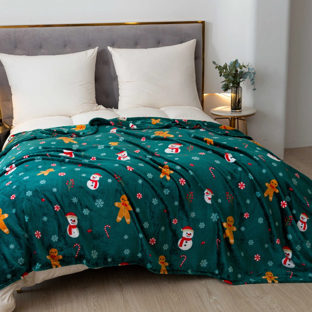 Patura microplus de Craciun SNOWMAN AND GINGERBREAD verde Dimensiuni: 200 x 220 cm