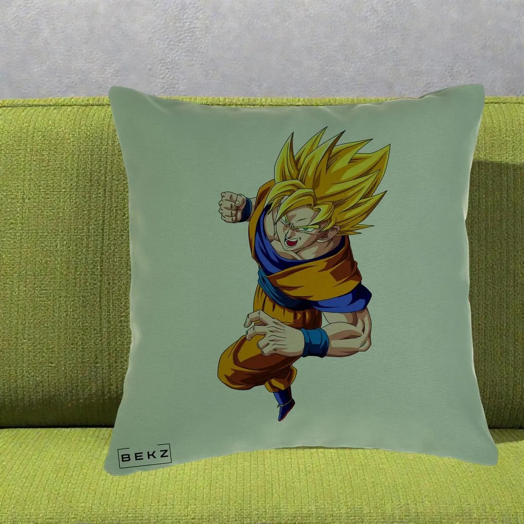 Perna Personalizata Dragon Ball Goku Super Saiyan 2 Lupta, 40x40 cm, Verde, Husa Detasabila, Perna Inclusa, BEKZ®