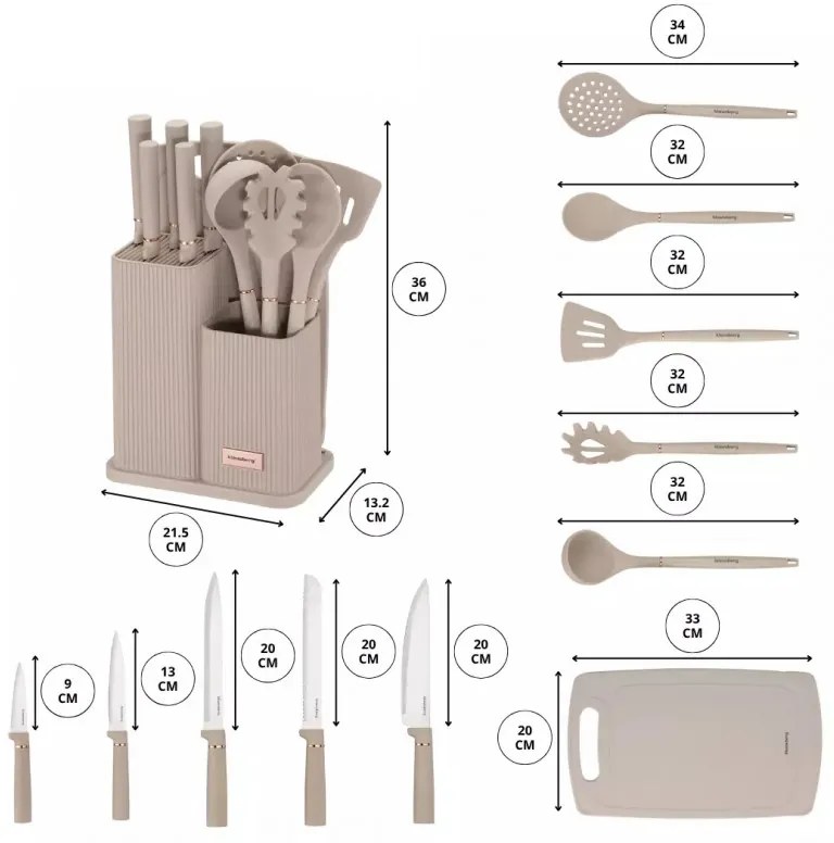 Set cutite si ustensile Klausberg KB 7935, Tocator si suport, 12 piese, Bej