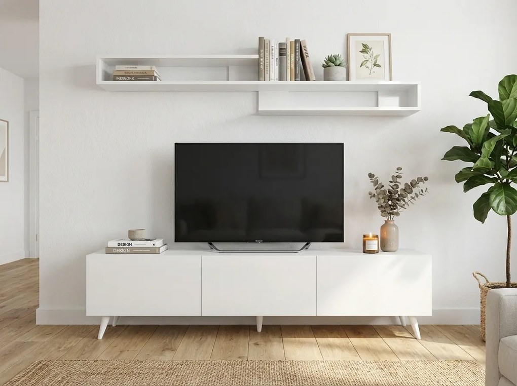 OFERTA Comoda TV MIYA 150 cm cu polita de perete, alb II. calitate