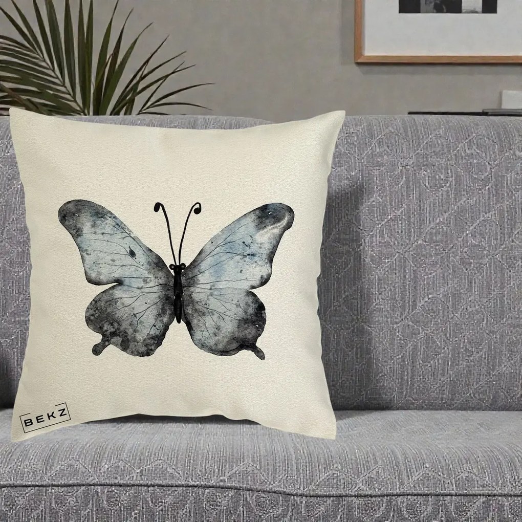 Perna Decorativa Fluture Acuarela Albastru-Gri, 40x40 cm, Ecru, Husa Detasabila, Perna Inclusa, BEKZ®