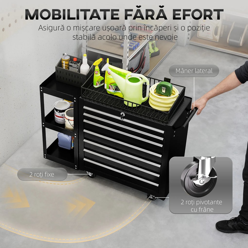 HOMCOM Cărucior pentru Unelte din Oțel cu 7 Sertare, Poliță Laterală Detașabilă, Roți, Capacitate 120kg, Negru | Aosom Romania