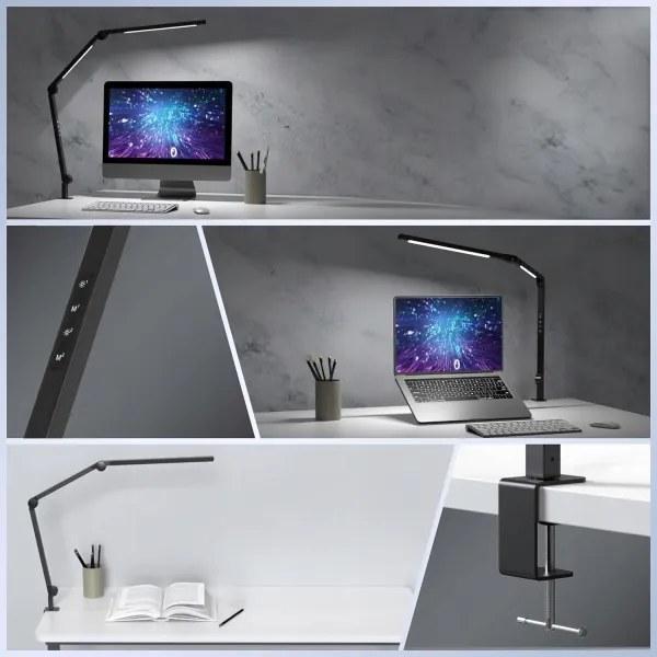 Lampă de birou flexibilă cu clemă, tactilă și dimabilă, LED/12W/230V, neagră