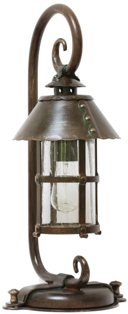 Stalp piedestral iluminat exterior design medieval cu felinar rotund si acoperis nituit, din fier forjat, inaltime 60cm, AL 6535