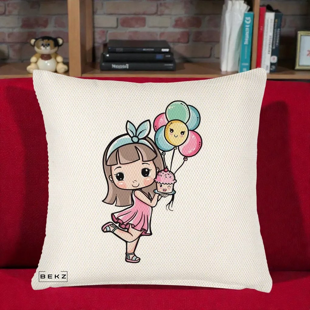 Perna Decorativa Fetita Kawaii cu Baloane si Cupcake, 40x40 cm, Crem Reliefat, Husa Detasabila, Perna Inclusa, BEKZ®