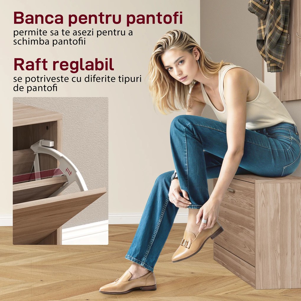HOMCOM Set Mobilier Hol cu Bancă Pantofar, Cuier și Oglindă din Lemn | Aosom Romania