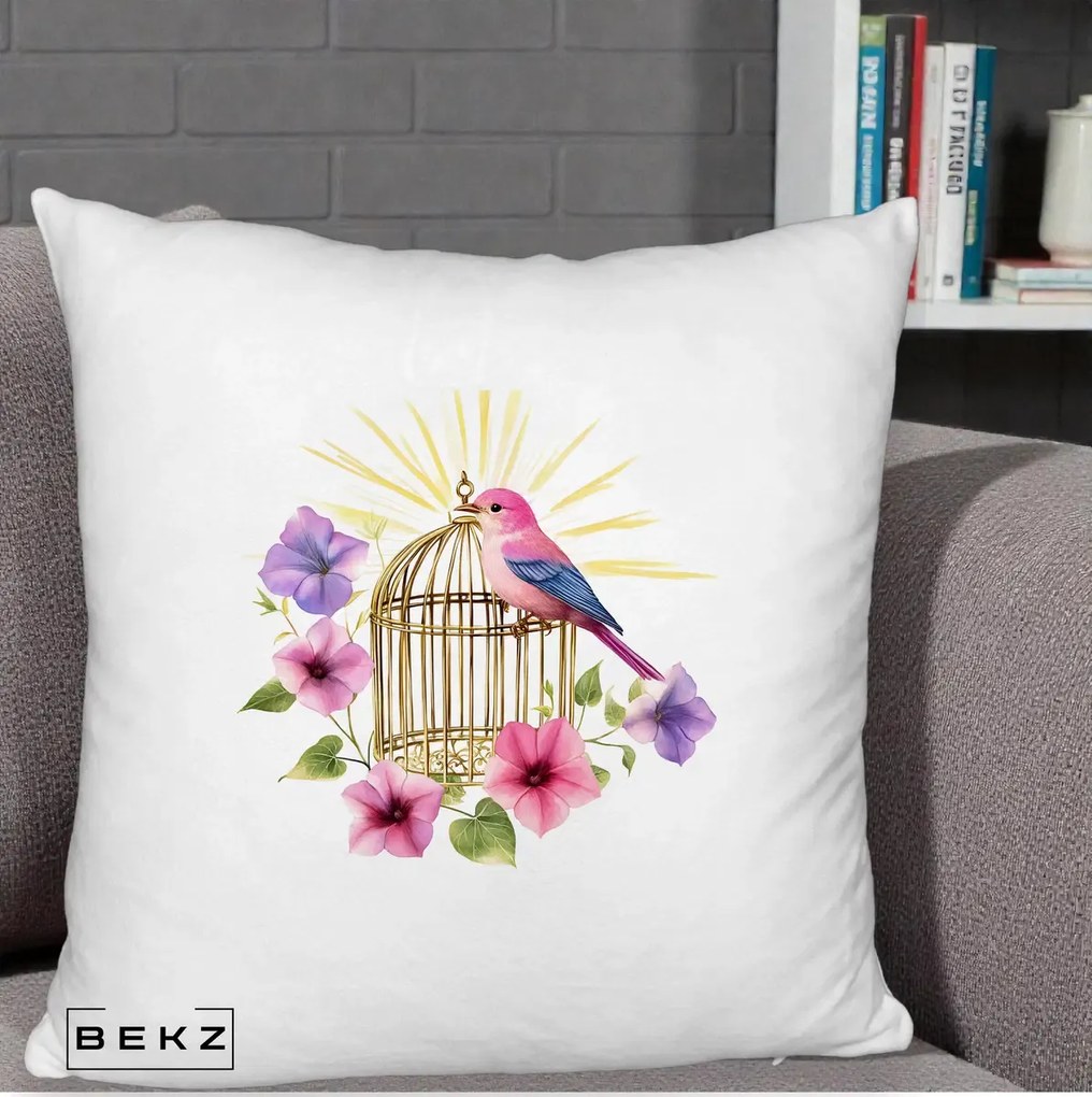 Perna Decorativa Pasare Roz pe Colivie Aurie cu Flori, 40x40 cm, Alb Pufos, Husa Detasabila, Perna Inclusa, BEKZ®